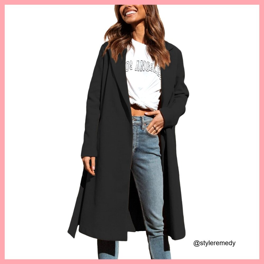 Wool Blend Notch Lapel Pea Coat Oversized Belted Winter Overcoat